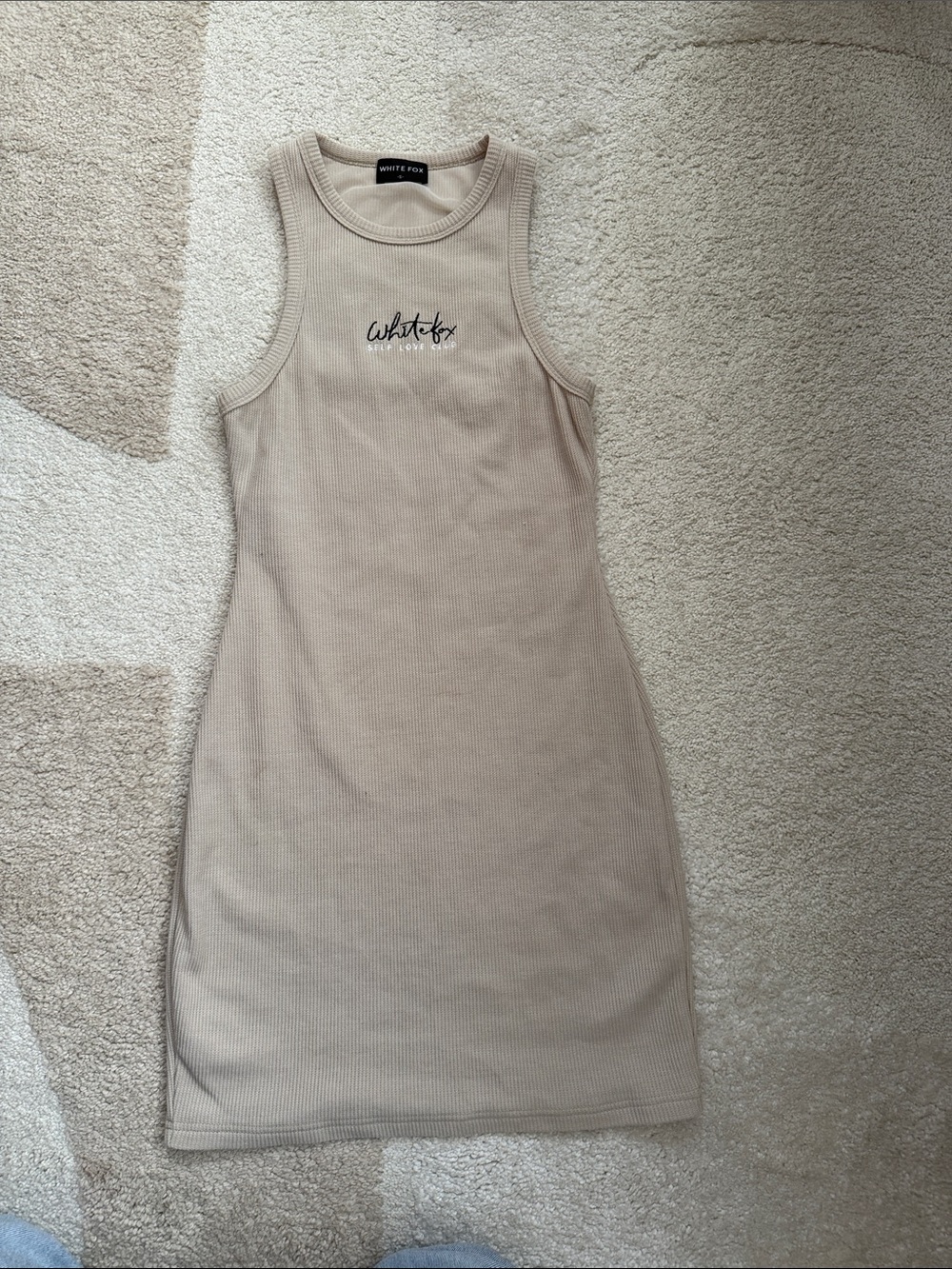 White Fox Boutique Sleeveless Ribbed Mini Dress in Beige